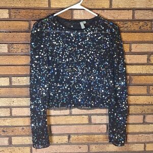 ASOS Size 6 Black Sequin Long Sleeve Sheer Blouse